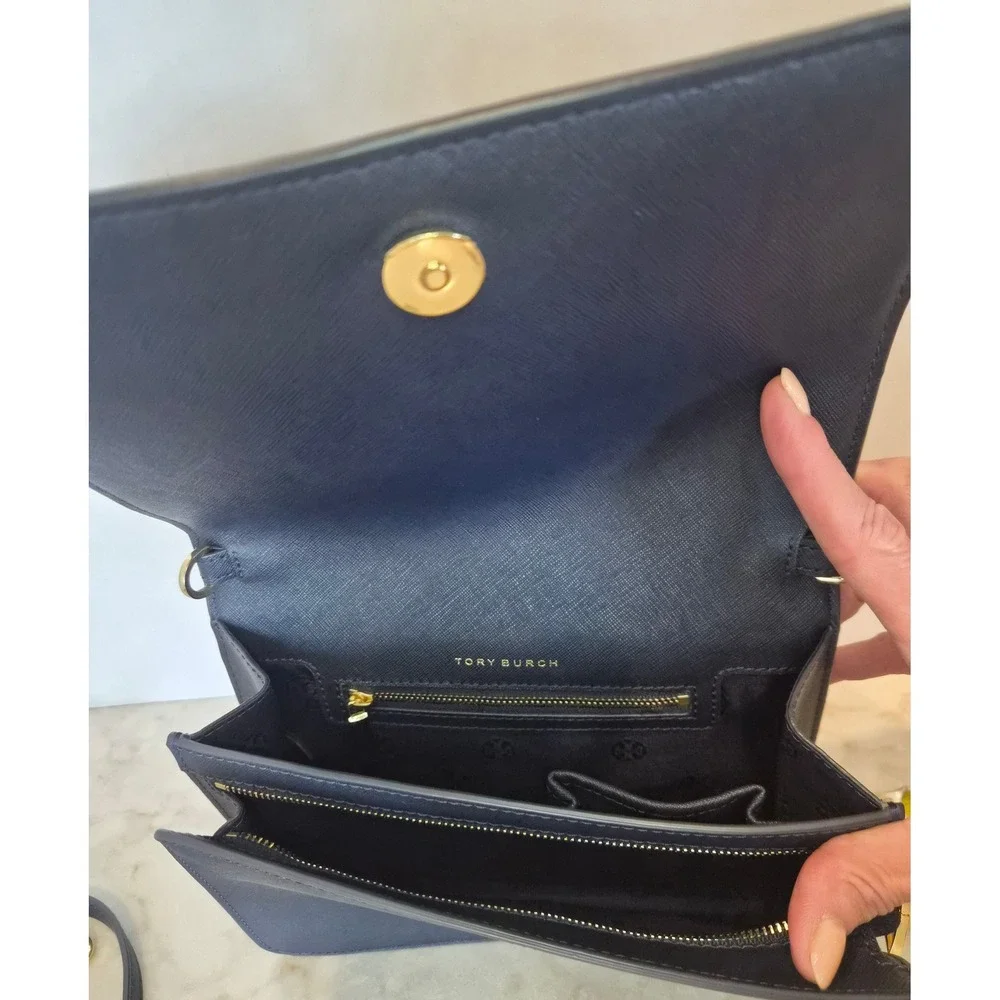 Tory Burch Robinson Navy Saffiano Leather Convertible Shoulder Bag Card Holder